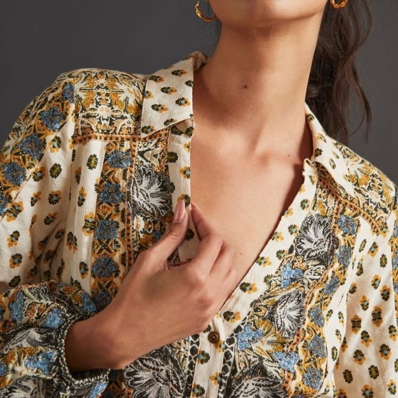 New Anthropologie Floral Embroidered Mini Dress- Neutral Motif - Picture 7 of 8